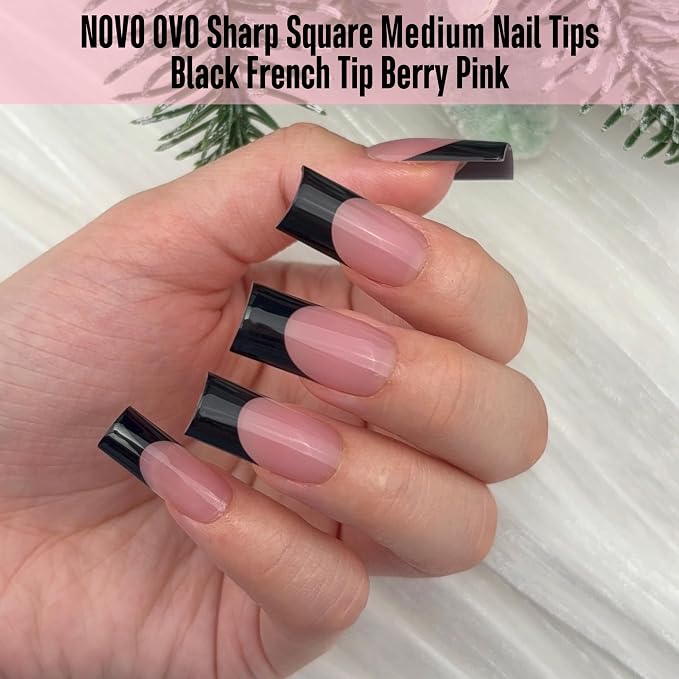Sharp Square Black French Tip Berry Pink