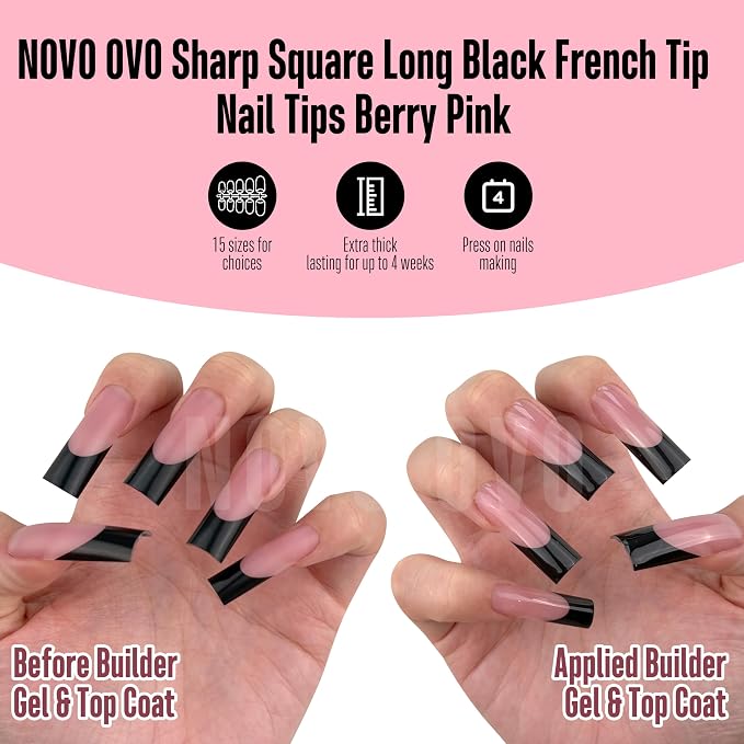 Long Sharp Square Black French Tip Nail Tips Berry Pink 180