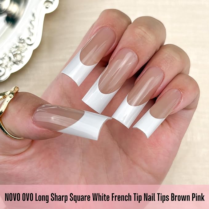 Long Sharp Square White French Tip Naili Tips Brown Pink 180