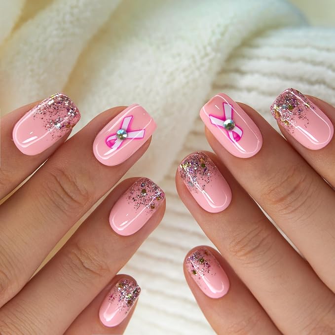 Pink Glitter Nails with Rhinestones