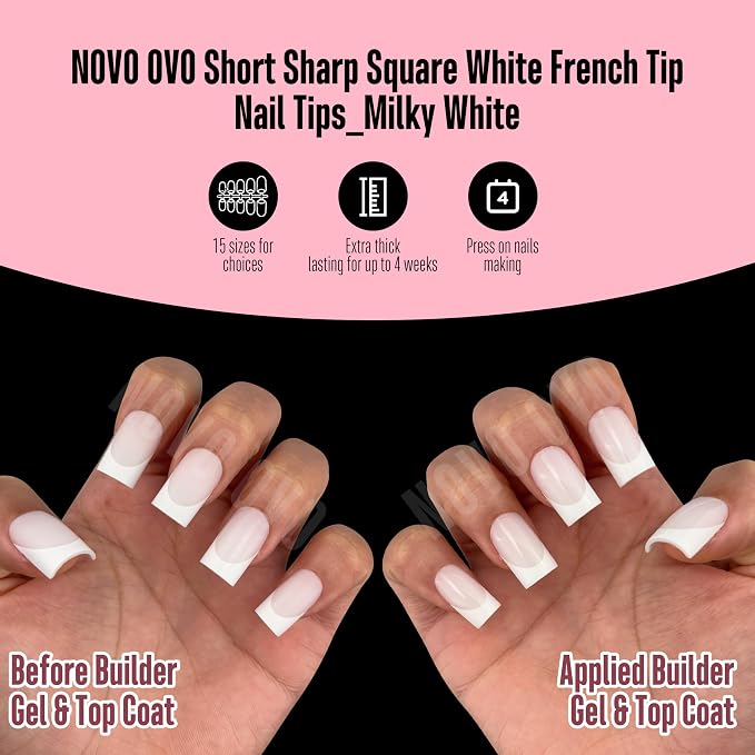 Short Sharp Square Nail Tips White French Tip Milky White