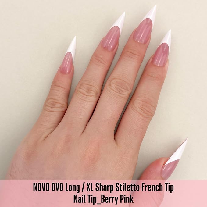 Long XL Sharp Stiletto White French Tip Nail Tips Berry Pink