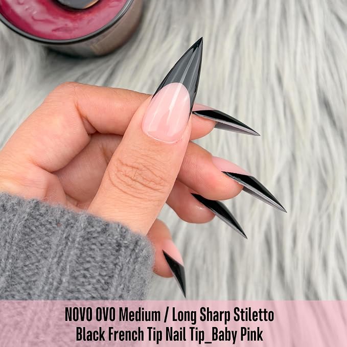 Medium or Long Black French Tip Sharp Stiletto Nail Tips Baby Pink