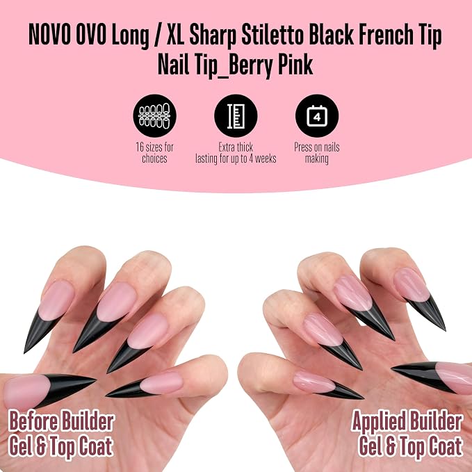 Long XL Sharp Stiletto Black French Tip Nail Tips Berry Pink
