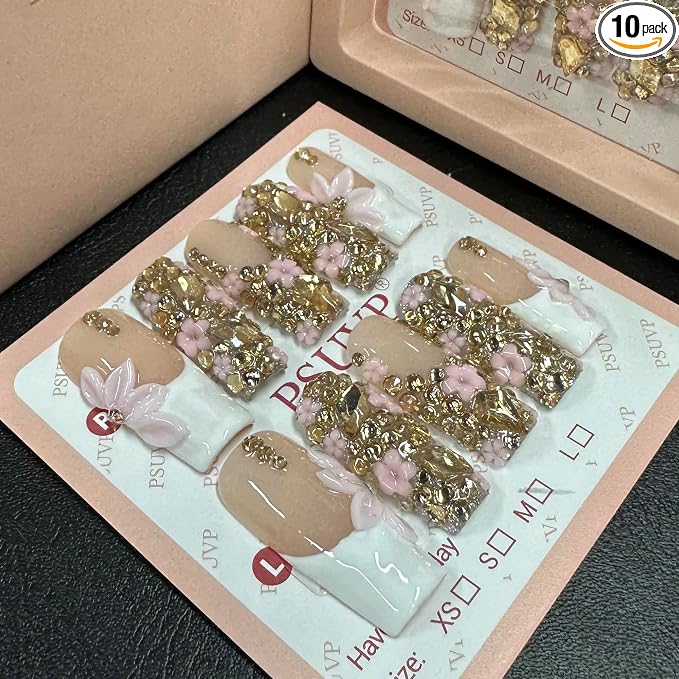3DWhite flower-shaped, luxurious diamond nails