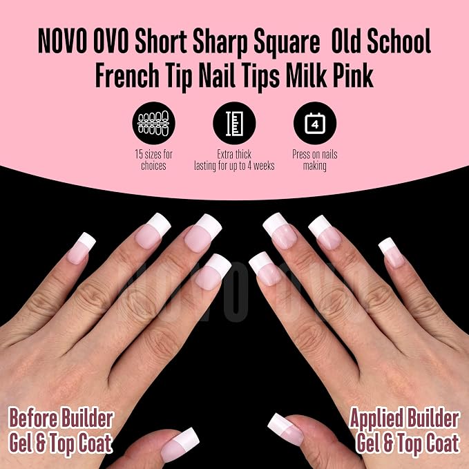 Short Sharp Square Nail Tips Wide White French Tip Milky Pink