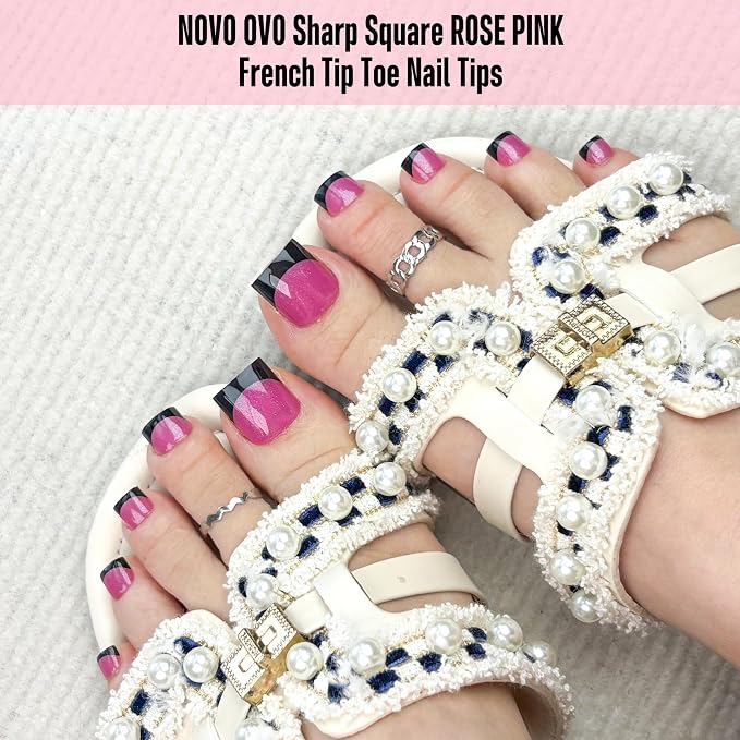 Sharp Square Toe Nail Tips Black French Tip Rose Pink