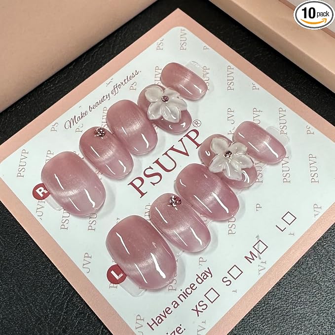 3D Pink Magnetic white flowers Nails