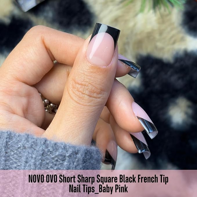 Short Sharp Square Nail Tips Black French Tip BABY PINK