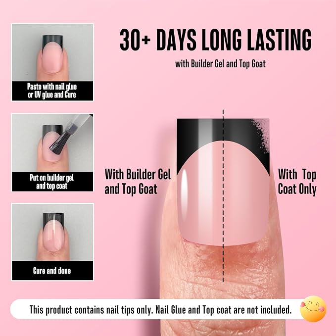 Short Sharp Square Nail Tips Black French Tip BABY PINK