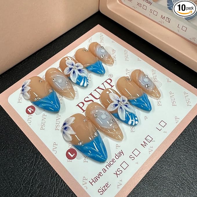 Azure Bloom Almond Press On Nails