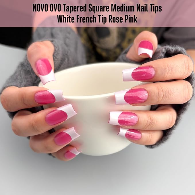 Square White French Tip Rose Pink