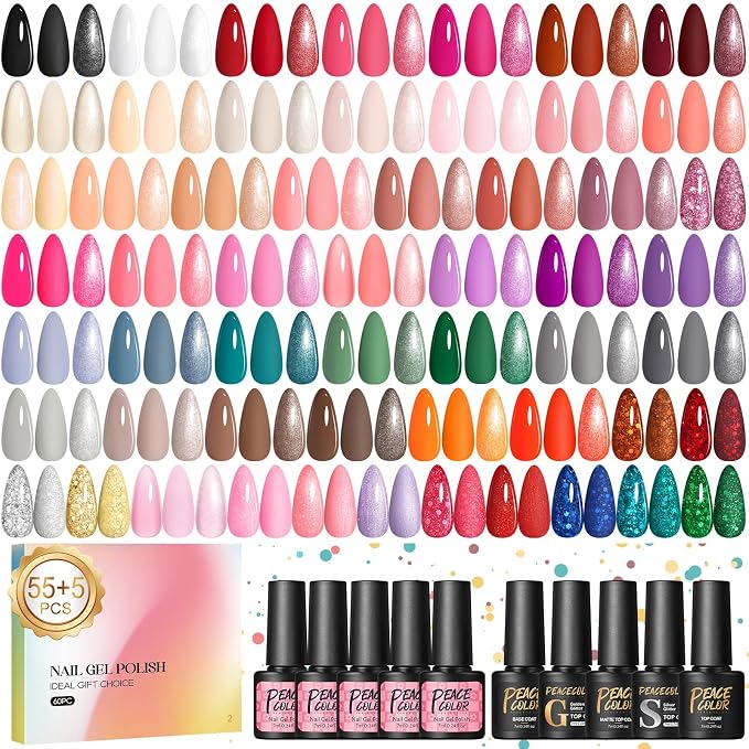 55 Summer Color s Gel Polish Set + 5 Top Base Coat