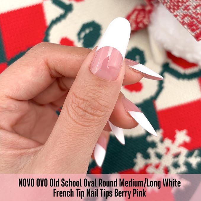 Medium/Long Oval Round Old School White French Tip Berry Pink 240