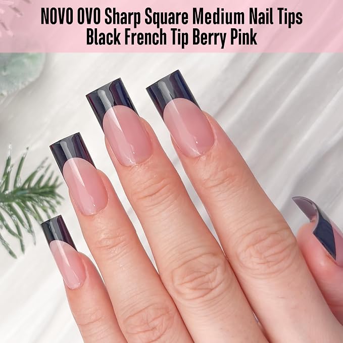 Sharp Square Black French Tip Berry Pink