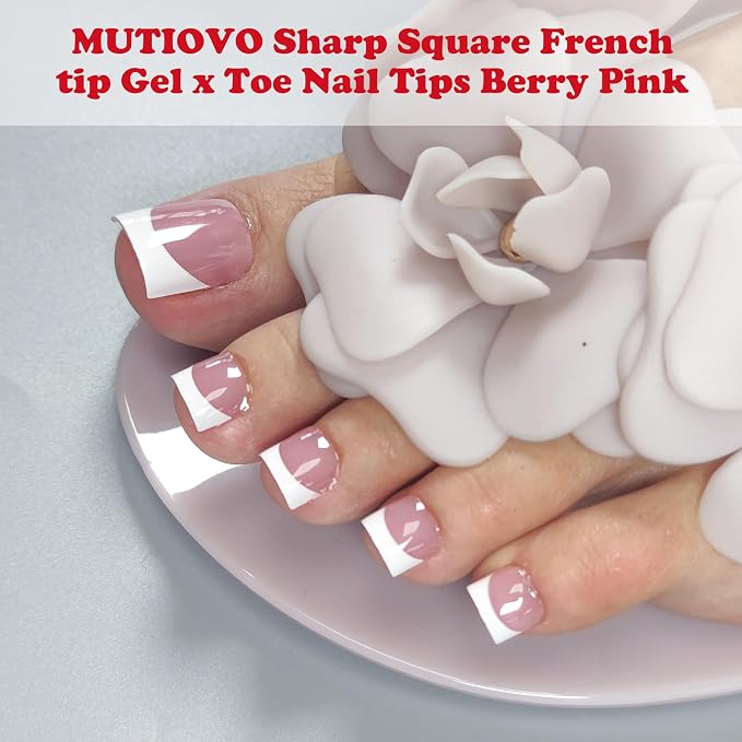 Sharp Square French tip Toe Nail Tips Berry Pink