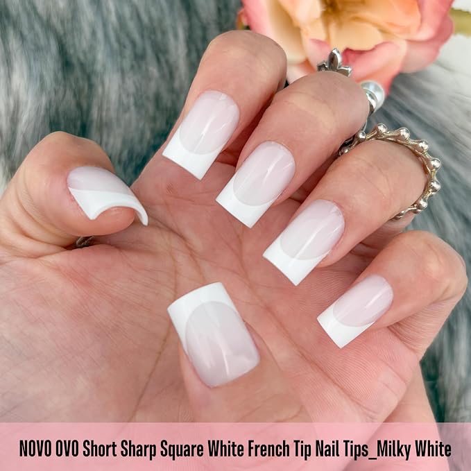 Short Sharp Square Nail Tips White French Tip Milky White