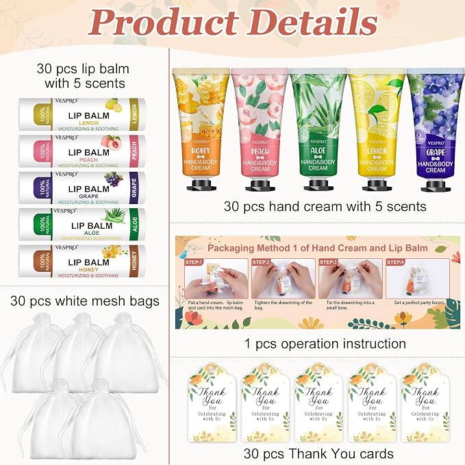 30 Sets Hand Cream and Lip Balm Gifts