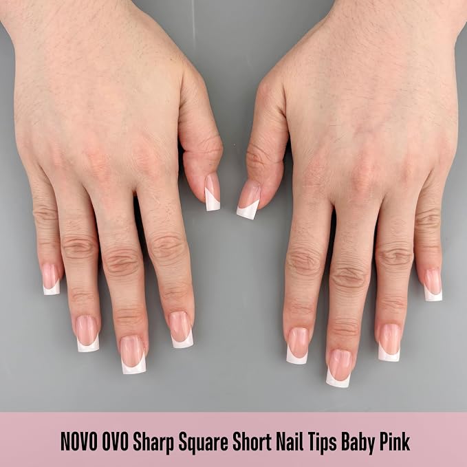 Short Sharp Square Nail Tips White French Tip BABY PINK