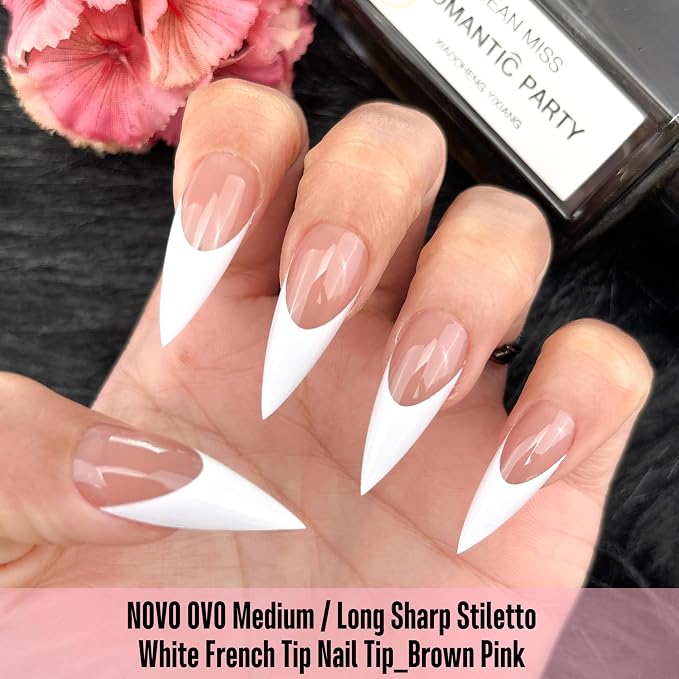 Medium or Long White French Tip Sharp Stiletto Nail Tips Brown Pink