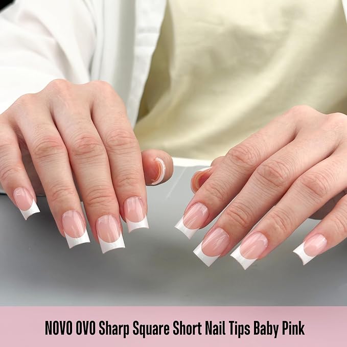 Short Sharp Square Nail Tips White French Tip BABY PINK