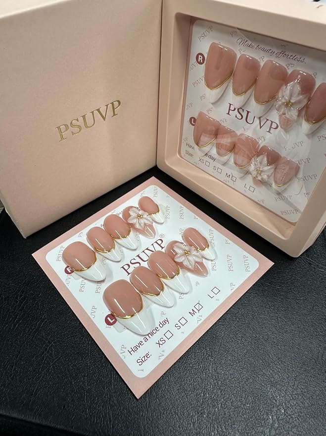 French Tip Golden Line 3D Floral Almond Nails