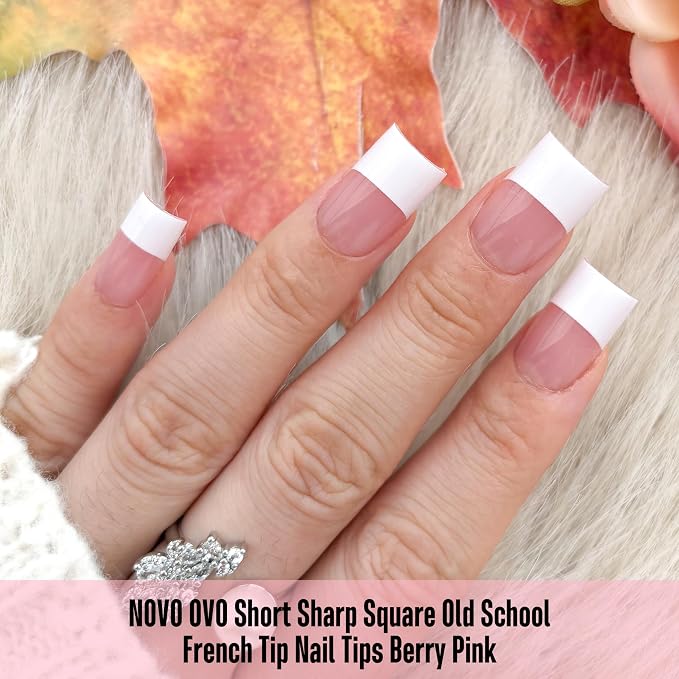 Short Sharp Square Nail Tips Wide White French Tip Berry Pink