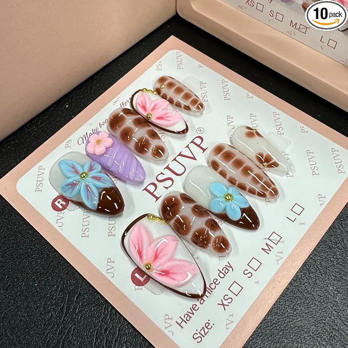 3D Dopamine Leopard Floral Handmade Nails