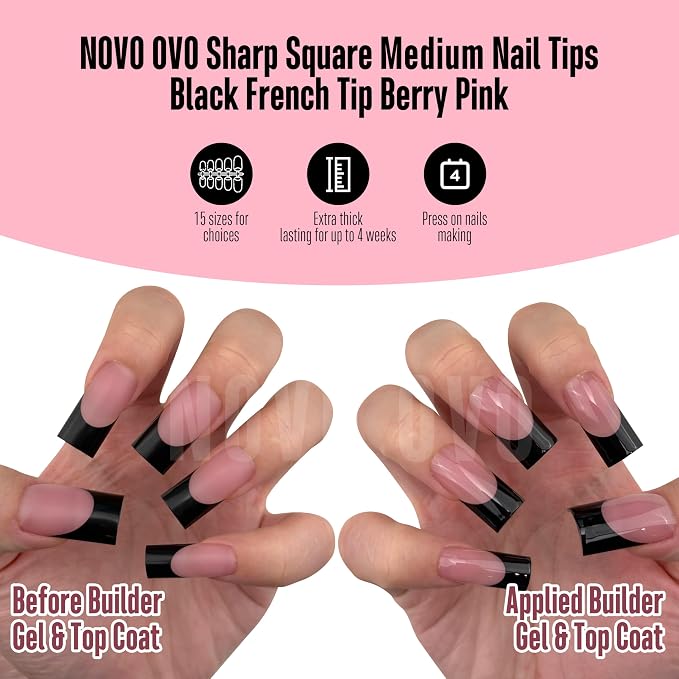 Sharp Square Black French Tip Berry Pink