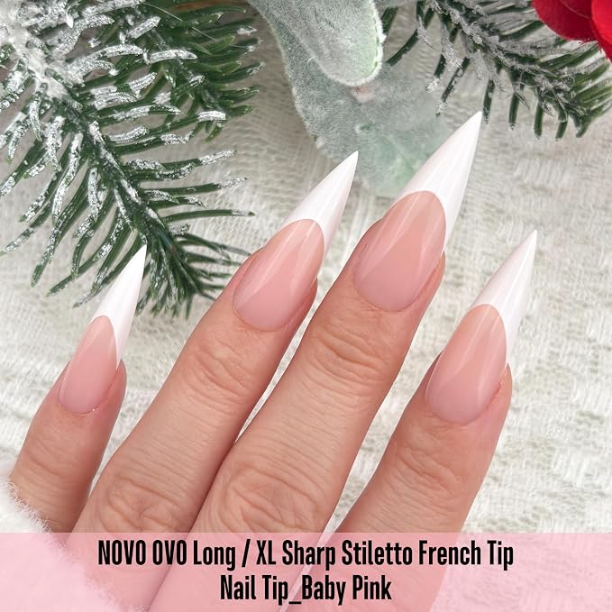 Long XL Sharp Stiletto White French Tip Nail Tips Baby Pink