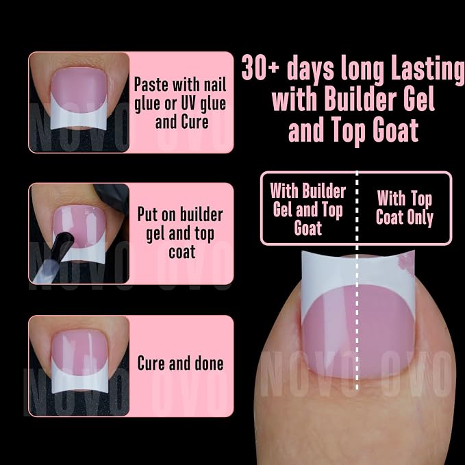 Short Sharp Square Toe Nail Tips with Moon Curve White French Tip Berry Pink
