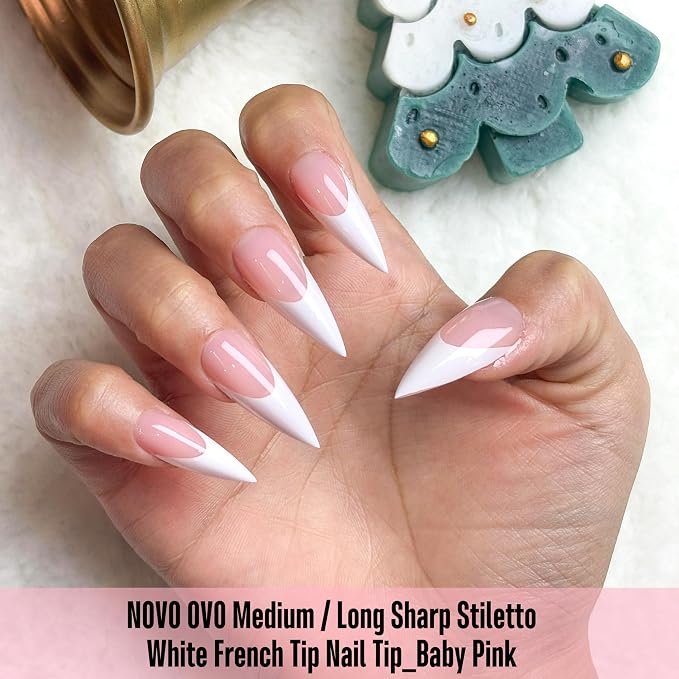 Medium or Long White French Tip Sharp Stiletto Nail Tips Baby Pink