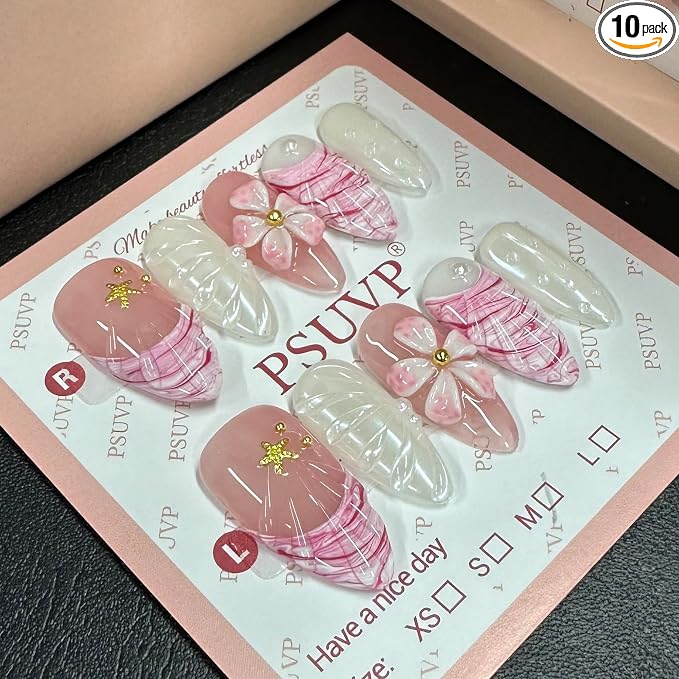 3D Pink flowers + Shell filigree Press On Nails