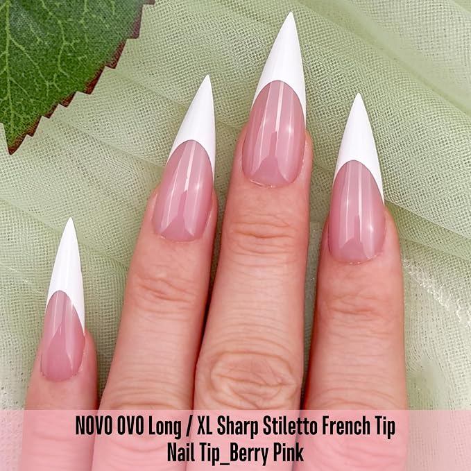 Long XL Sharp Stiletto White French Tip Nail Tips Berry Pink