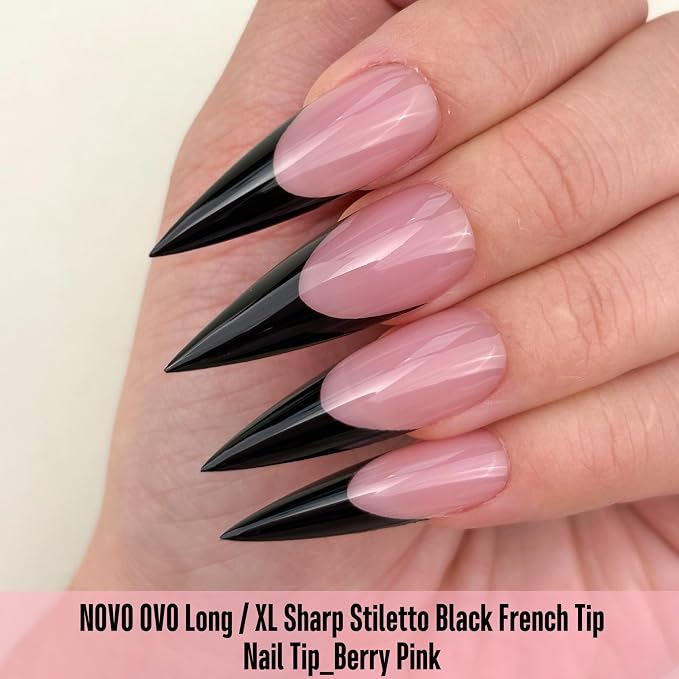 Long XL Sharp Stiletto Black French Tip Nail Tips Berry Pink