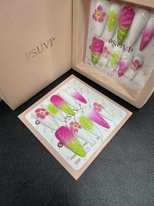 3D White, green, Magenta + Magenta flowers nails