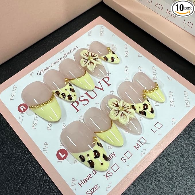 3D Yellow Aesthetic leopard print flower nails