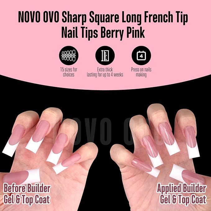 Long Sharp Square White French Tip Nail Tips Berry Pink 180