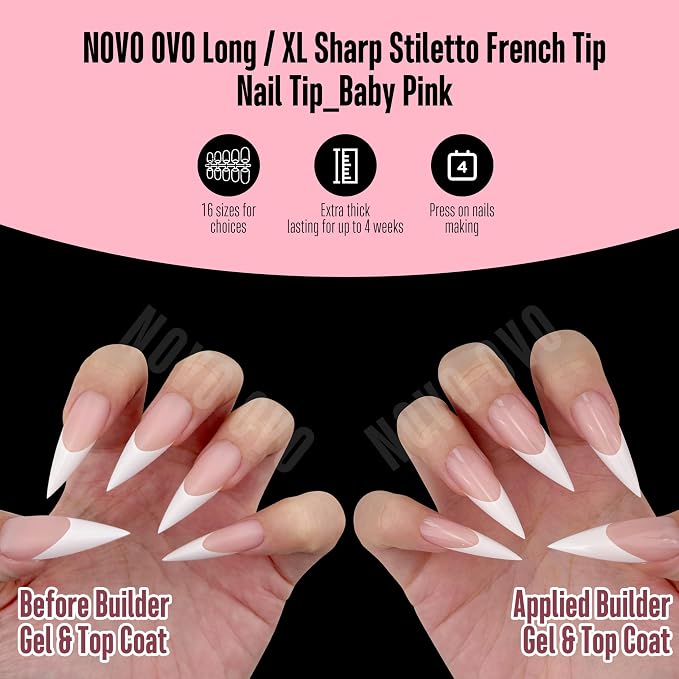 Long XL Sharp Stiletto White French Tip Nail Tips Baby Pink