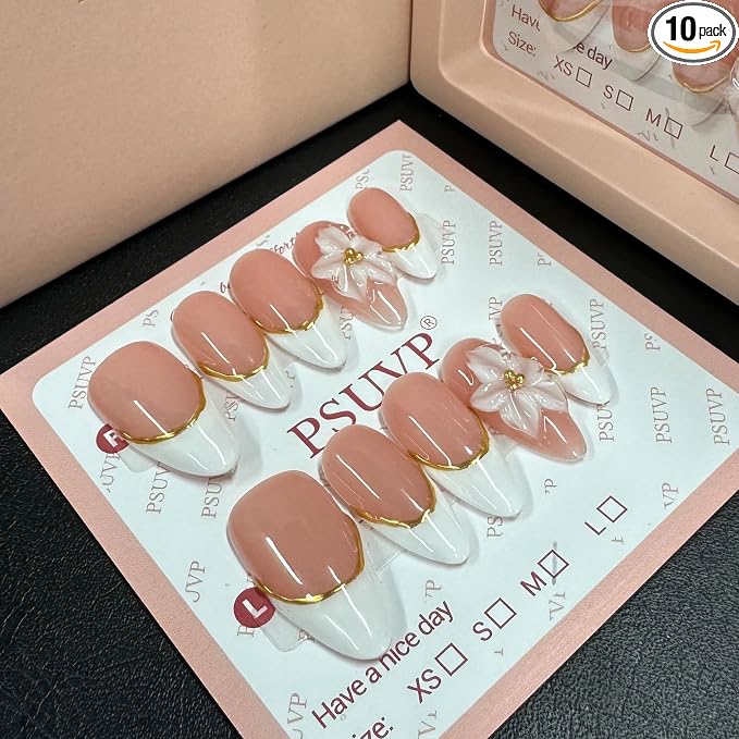 French Tip Golden Line 3D Floral Almond Nails