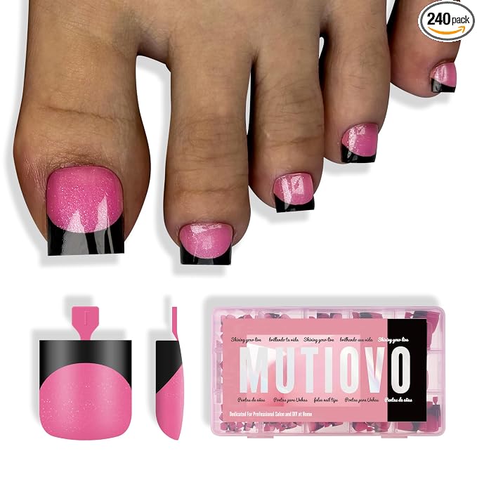 Black French Tip Toe Nail Tips Rose Pink