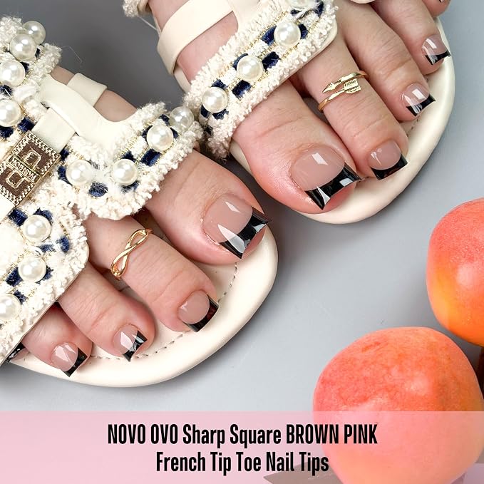 Sharp Square Toe Nail Tips Black French Tip Brown Pink