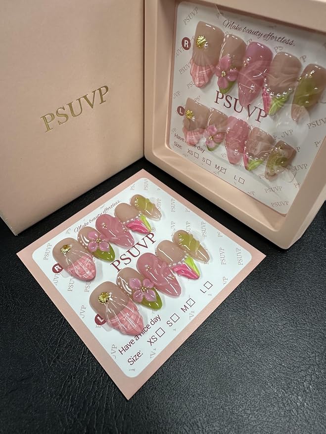 Fresh Pink Green 3D Flower Gold Shell Almond Nails