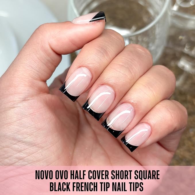 Half Cover Short Square Black French Tip Nail Tips 224
