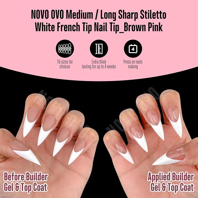 Medium or Long White French Tip Sharp Stiletto Nail Tips Brown Pink