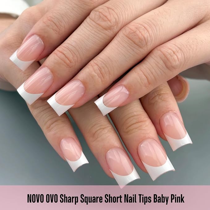 Short Sharp Square Nail Tips White French Tip BABY PINK
