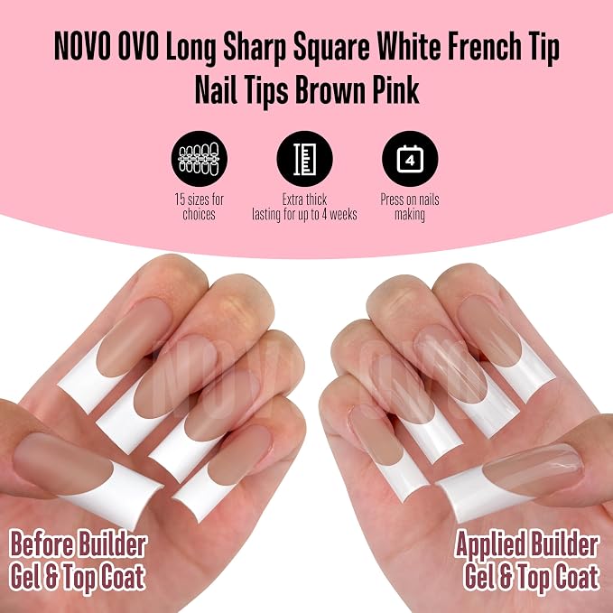 Long Sharp Square White French Tip Naili Tips Brown Pink 180