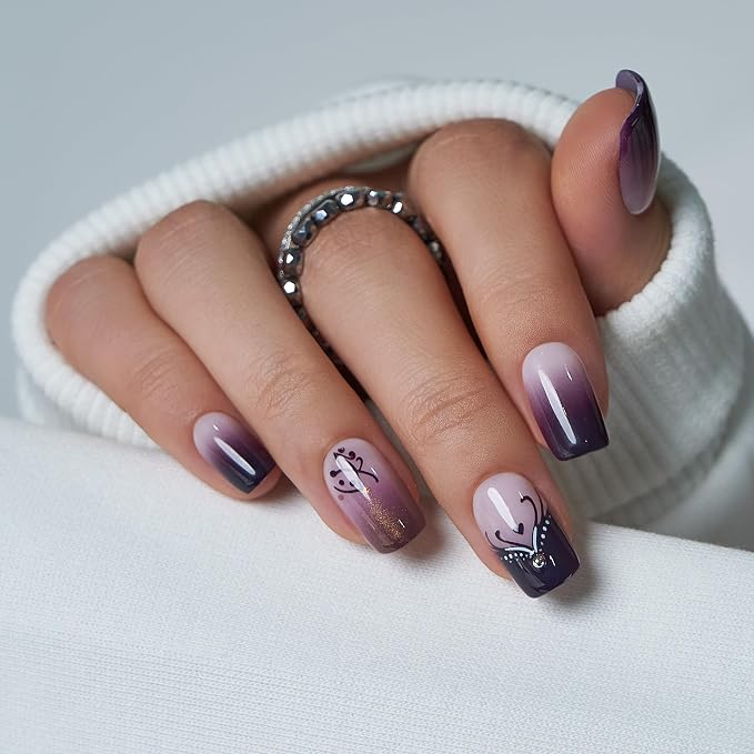 Romantic Purple Ombre with Rhinestones & Mini Black Hearts