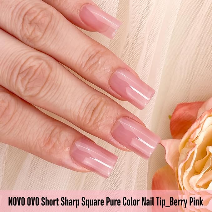 Short Sharp Square Nail Tips Pure Color Berry Pink