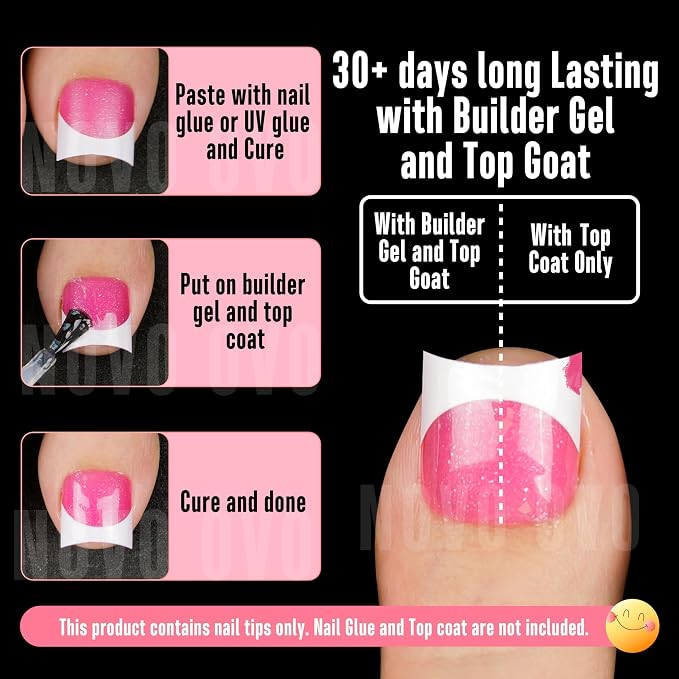 Short Sharp Square Toe Nail Tips with Moon Curve White French Tip Rose Pink